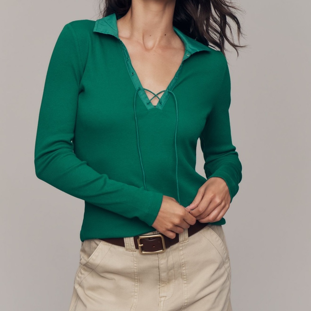 Nwt Maeve Emerald Lace-Up Polo Long Sleeve Top